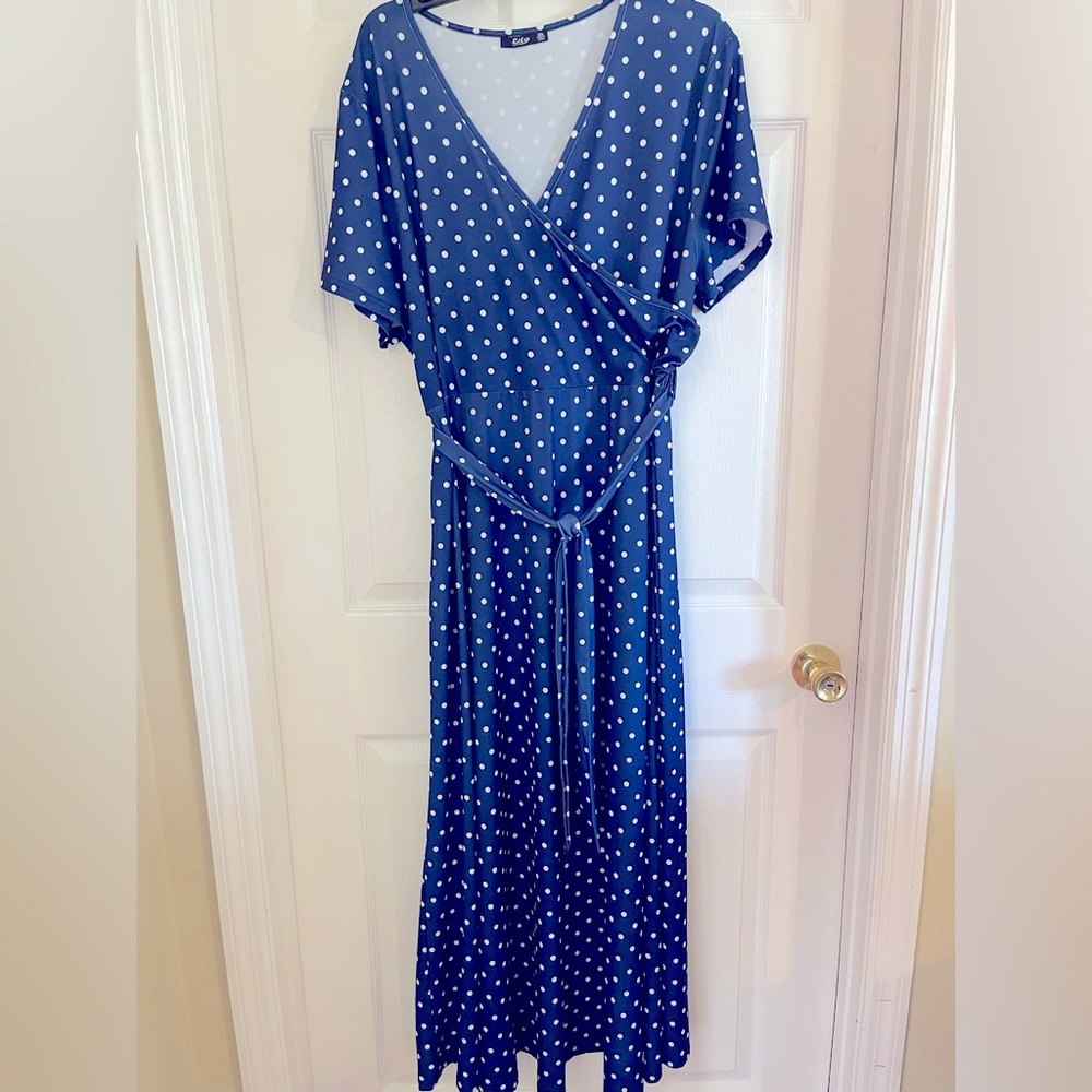 Lily 2x Maxi faux wrap dress; Blue with white polka dot